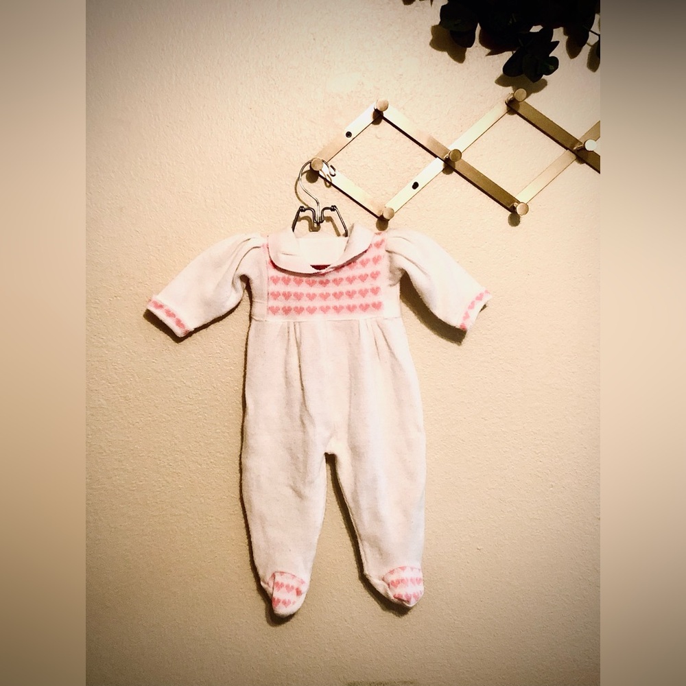 Vintage 6/9 Mo. White Knit One Piece with Pink Hearts
